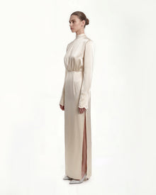 Structured Shoulder Design Satin High-Neck Fitted Maxi Dress - Cream