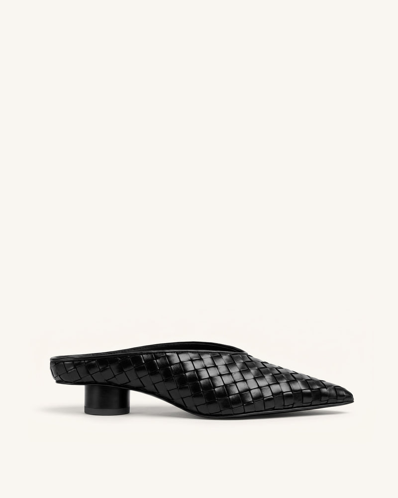 Helena Woven Textured Pointed Toe Mules - Black