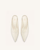 Helena Woven Textured Pointed Toe Mules - Beige