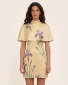 Iris Print Cape Overlay Mini Dress - Soft Yellow
