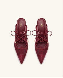 Sofia Lace Bow Mule Heels - Burgundy