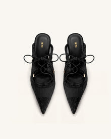 Sofia Lace Bow Mule Heels - Black