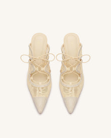 Sofia Lace Bow Mule Heels - Khaki