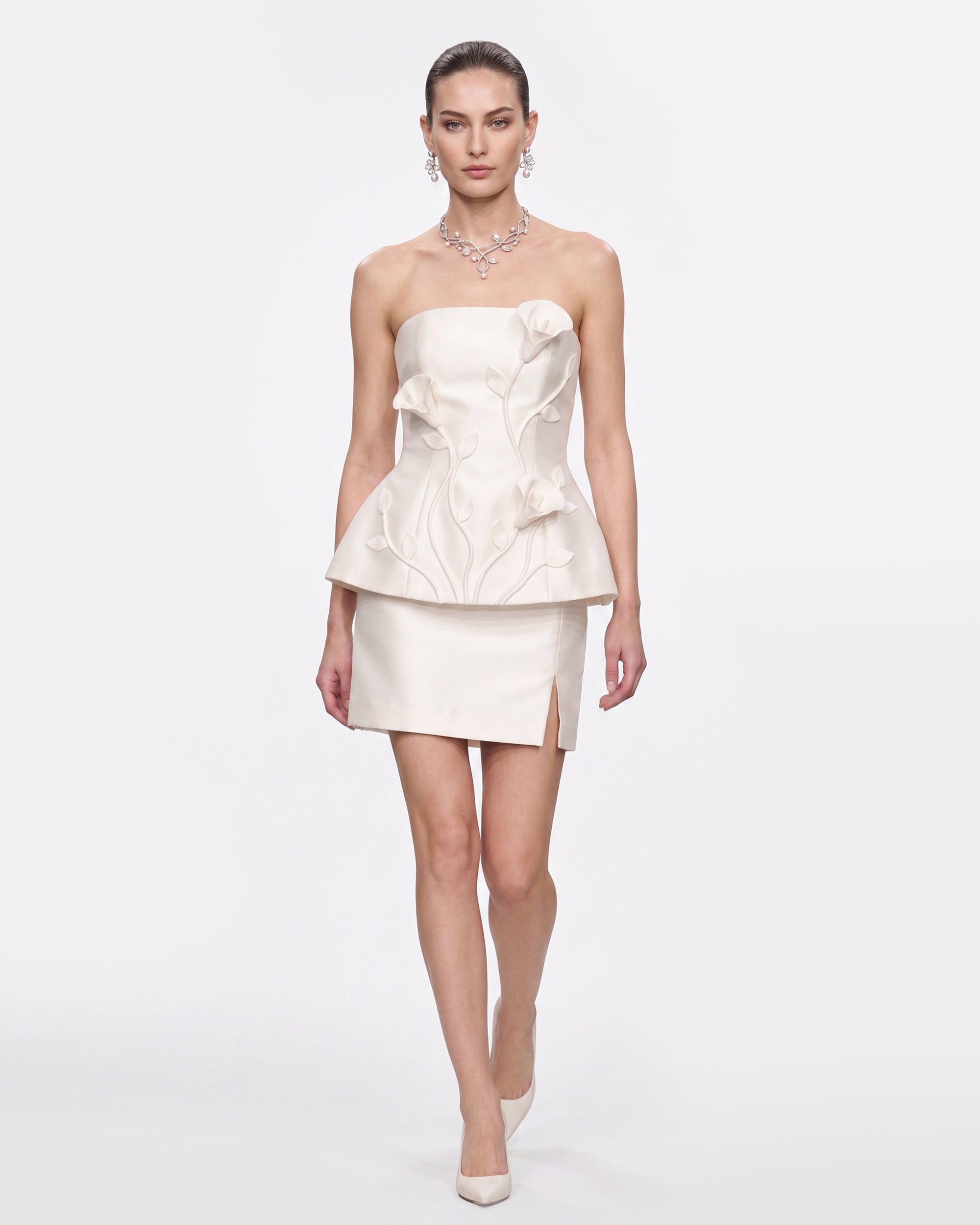 Floral Appliqué Peplum Top - White