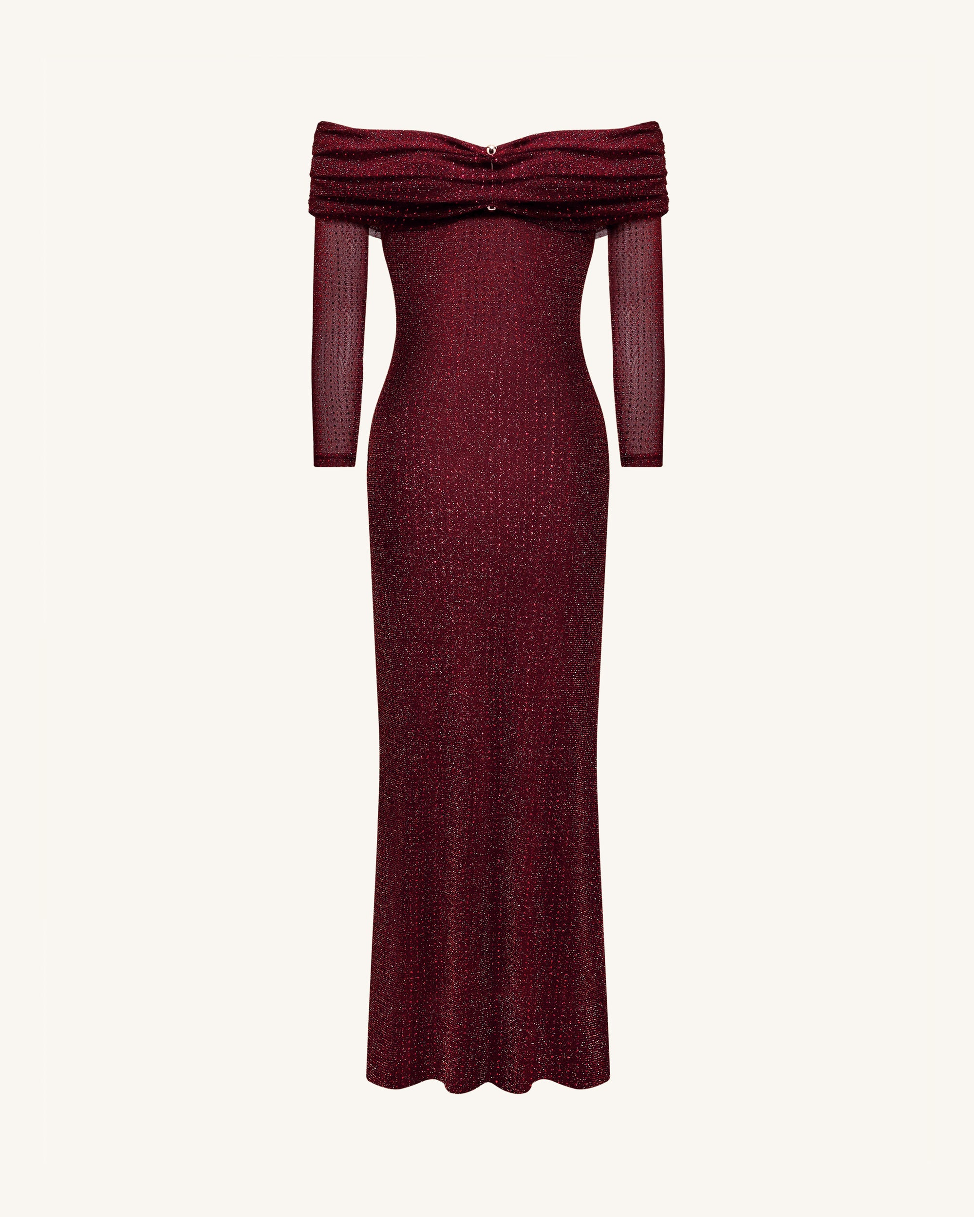 Rhinestone Mesh Off-Shoulder Maxi Dress - Claret
