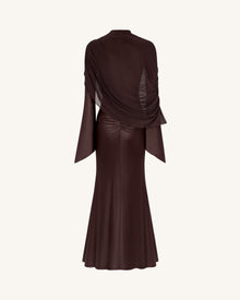 Sheer Shawl Ruched Bodycon Maxi Gown - Brown