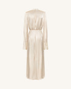 Structured Shoulder Design Satin High-Neck Fitted Maxi Dress - Cream