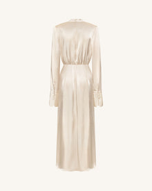 Structured Shoulder Design Satin High-Neck Fitted Maxi Dress - Cream