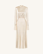 Structured Shoulder Design Satin High-Neck Fitted Maxi Dress - Cream
