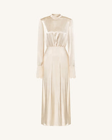 Structured Shoulder Design Satin High-Neck Fitted Maxi Dress - Cream