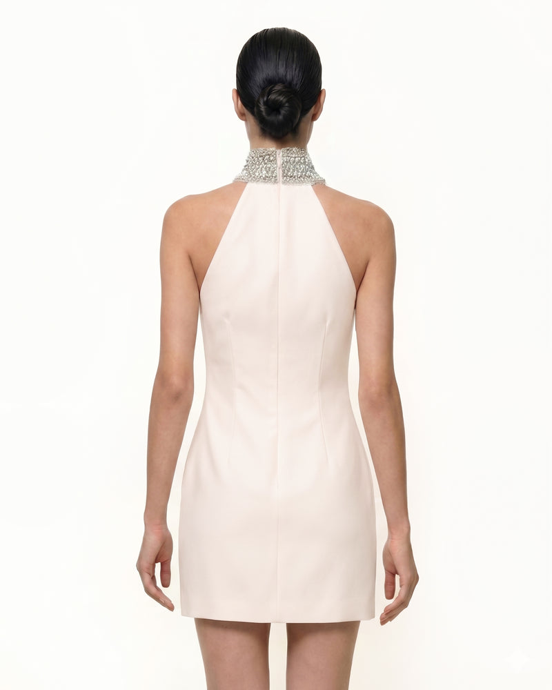 Jeweled Halter Iris Motif Dress - Ivory/Pink