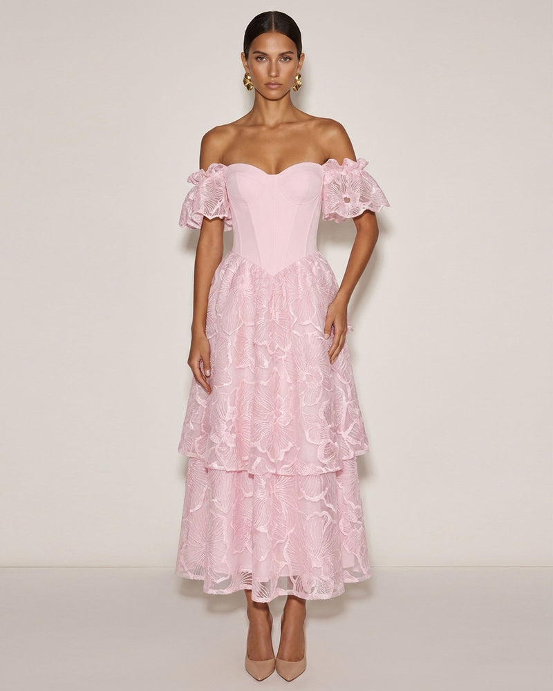 Orchid Embroidered Corset Midi Dress - Blush Pink