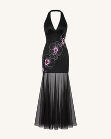 Orchid Embroidered Sheer Hem Halter Maxi Dress-  Black Purple
