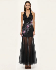 Orchid Embroidered Sheer Hem Halter Maxi Dress-  Black Purple