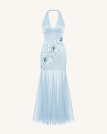 Orchid Embroidered Sheer Hem Halter Maxi Dress - Light Blue