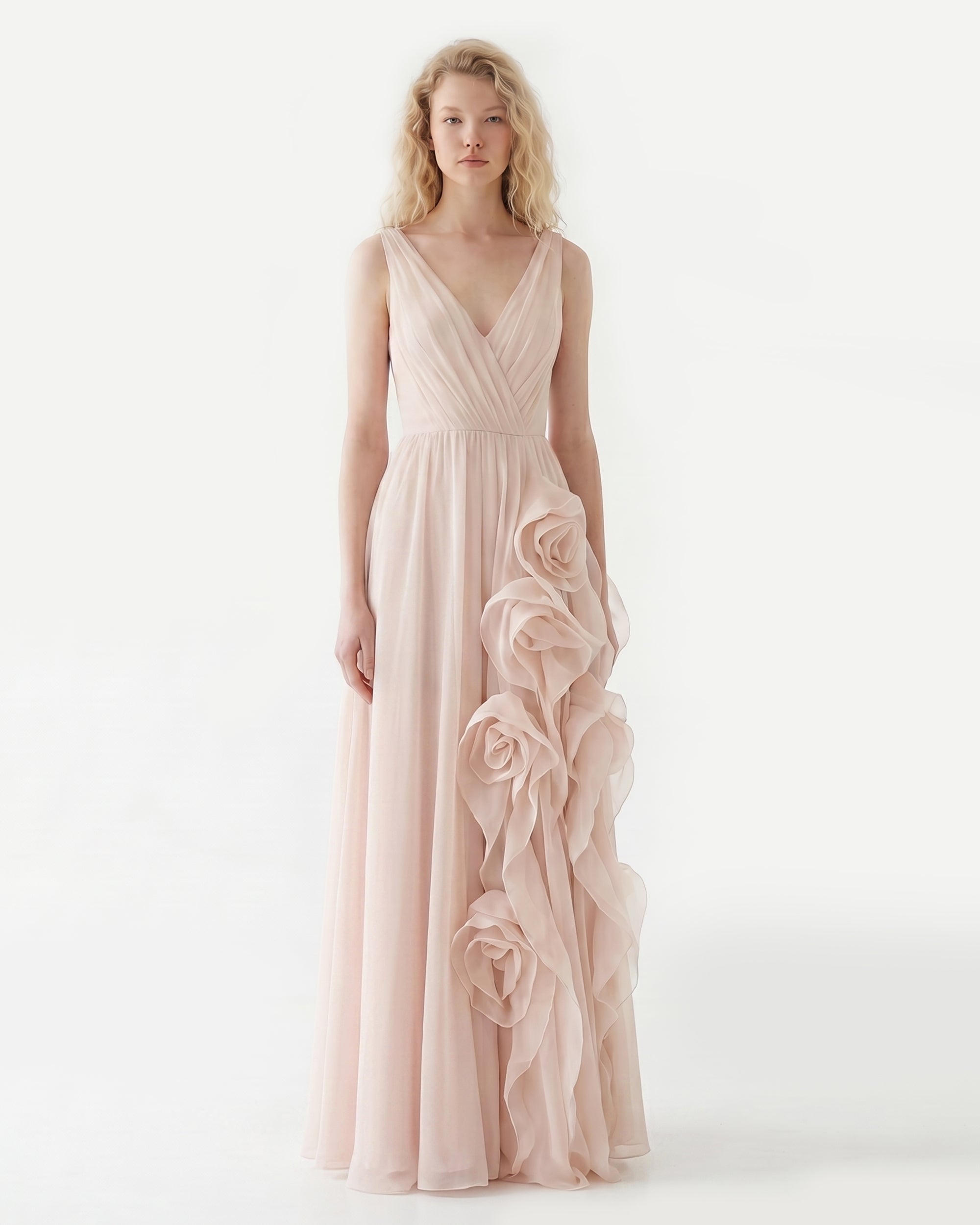 V-Neck Rosette Flowy Maxi Dress - Blush