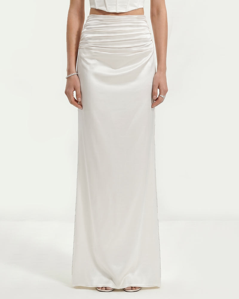 Satin High-Waist Ruched Maxi Skirt - White