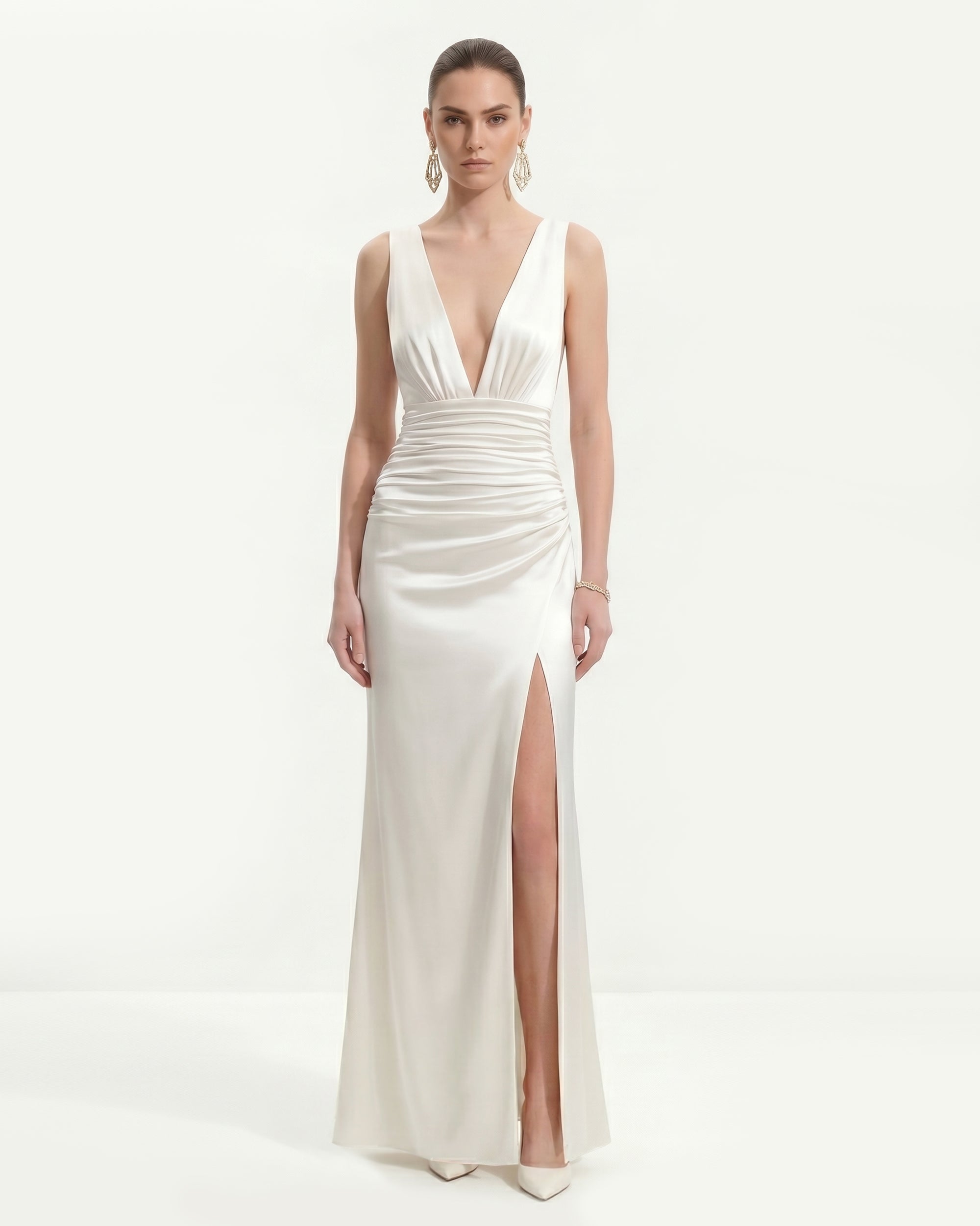 Deep V-Neck Ruched Slit Maxi Gown - White