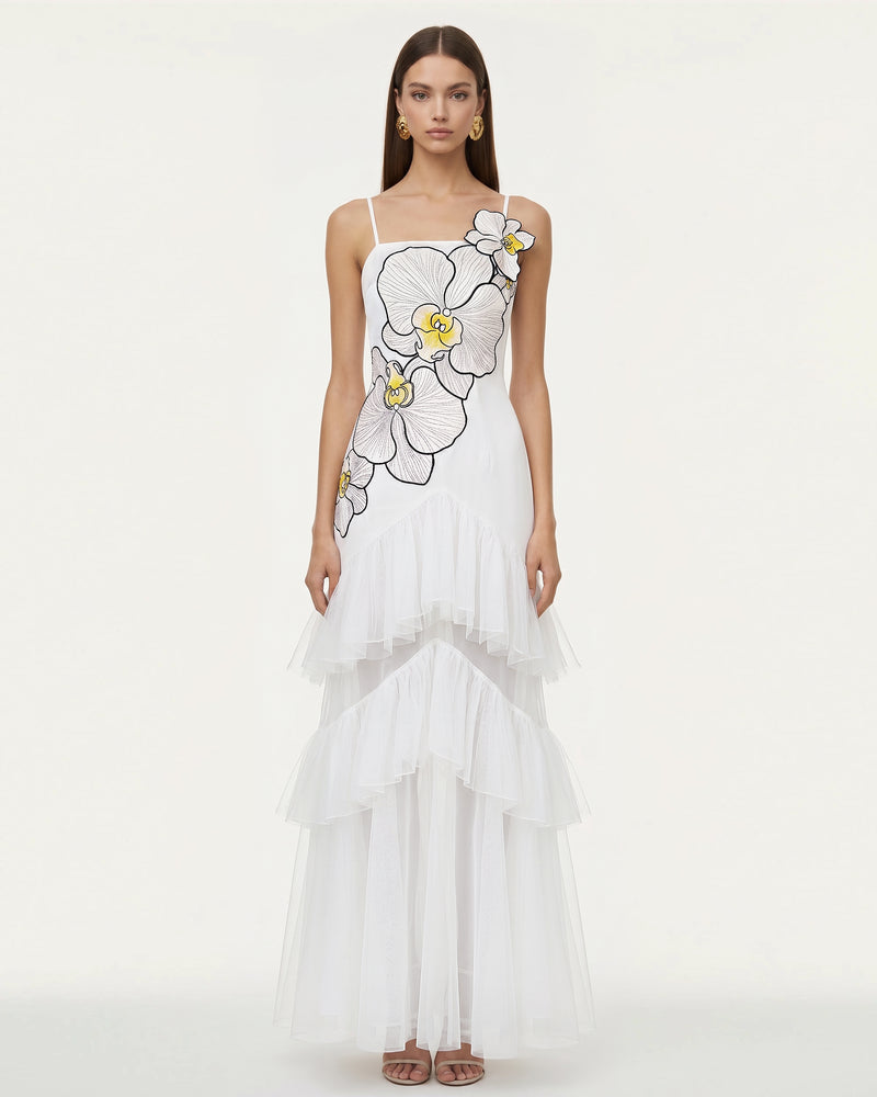 Orchid Embroidered Ruffled Tulle Strapless Maxi Dress - White