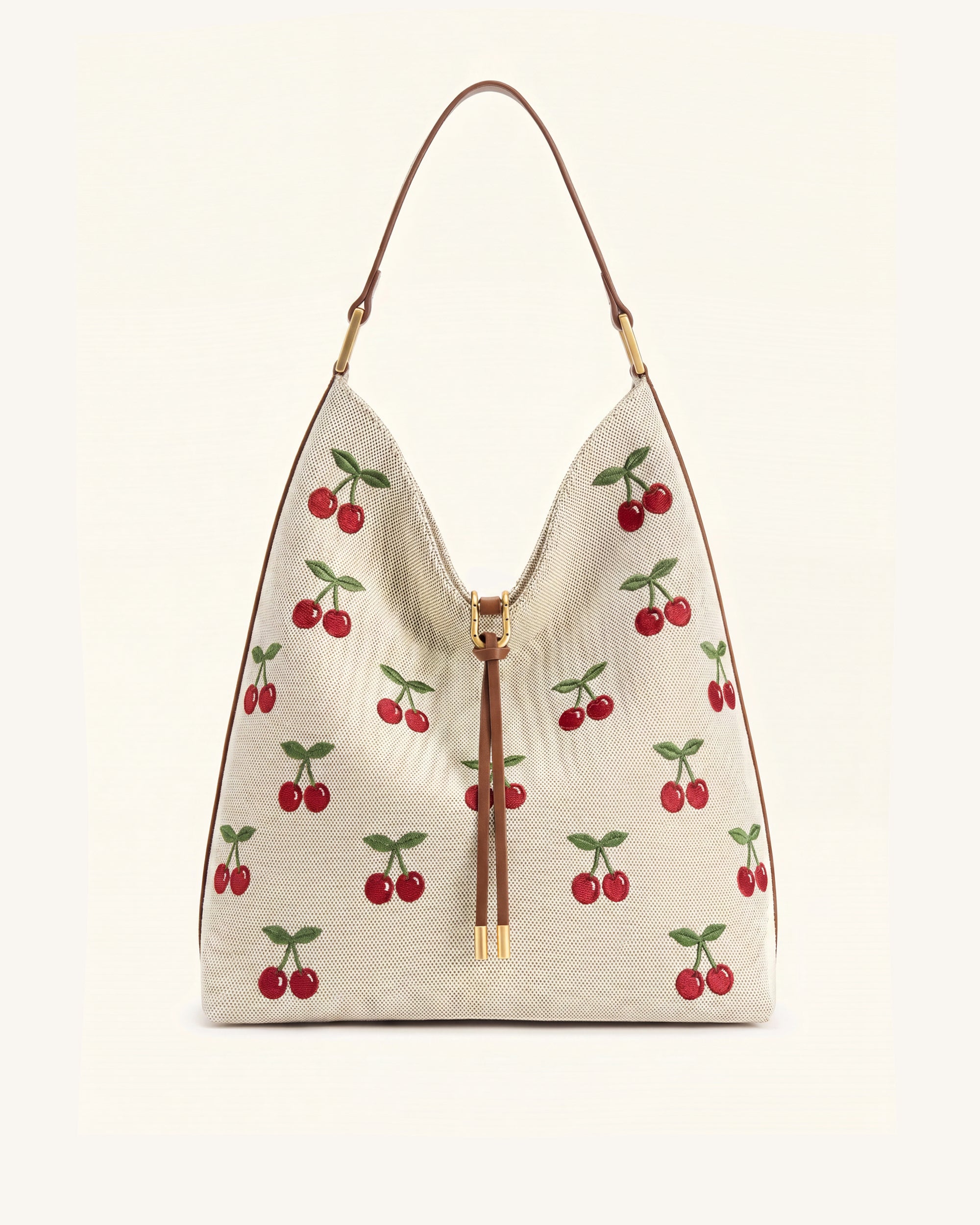 Aria Cherry Embroidered Shoulder Bag - Chestnut Brown Canvas