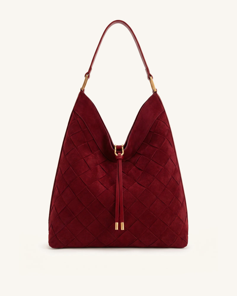Aria Faux Suede Woven Shoulder Bag - Burgundy