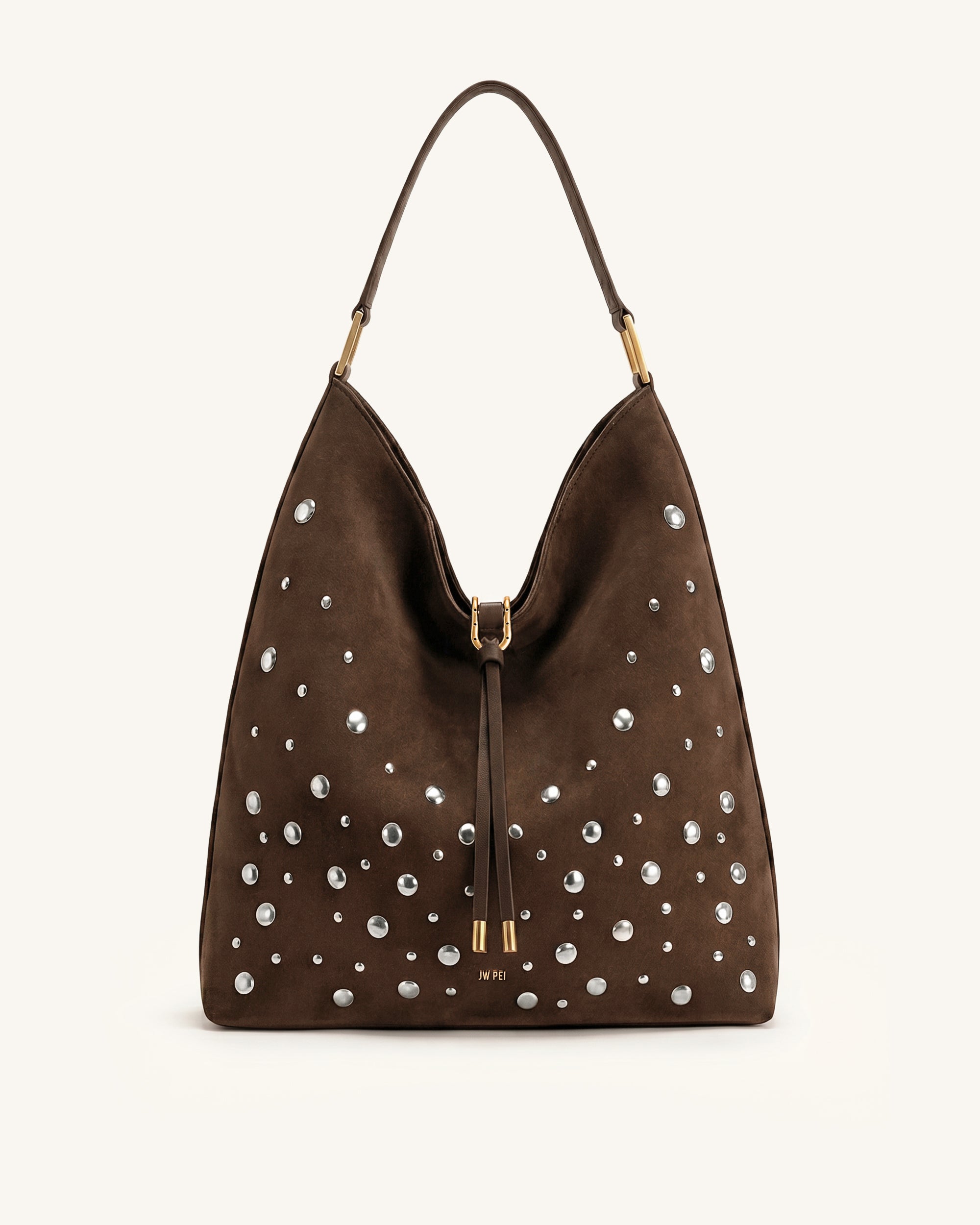 Aria Faux Suede Studded Shoulder Bag - Chocolate Brown