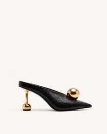 Sofia Angled Vamp Snakeskin Heel Mules - Black