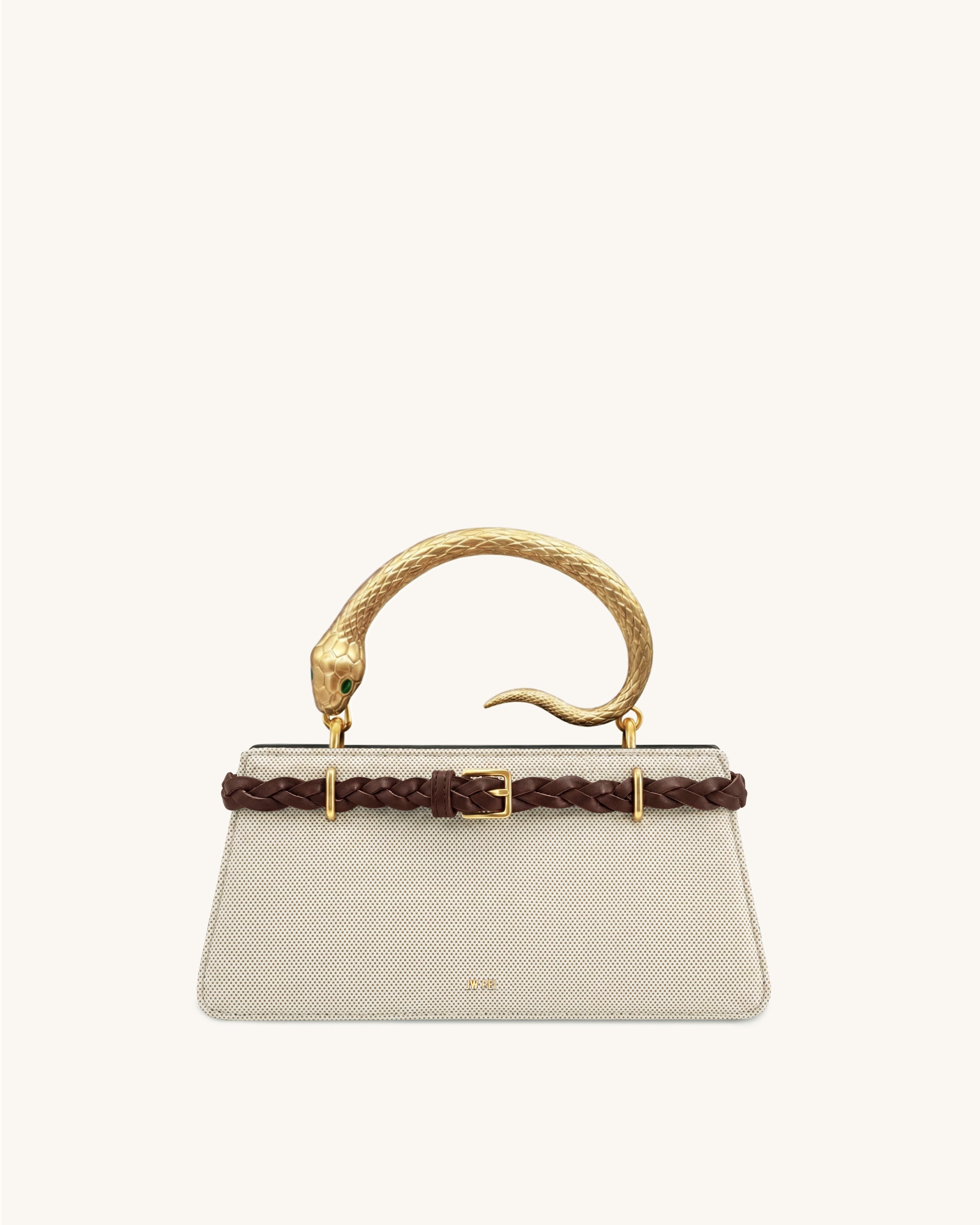 Elena Snake Handle Braided-Belt Top Handle Bag - Brown Canvas