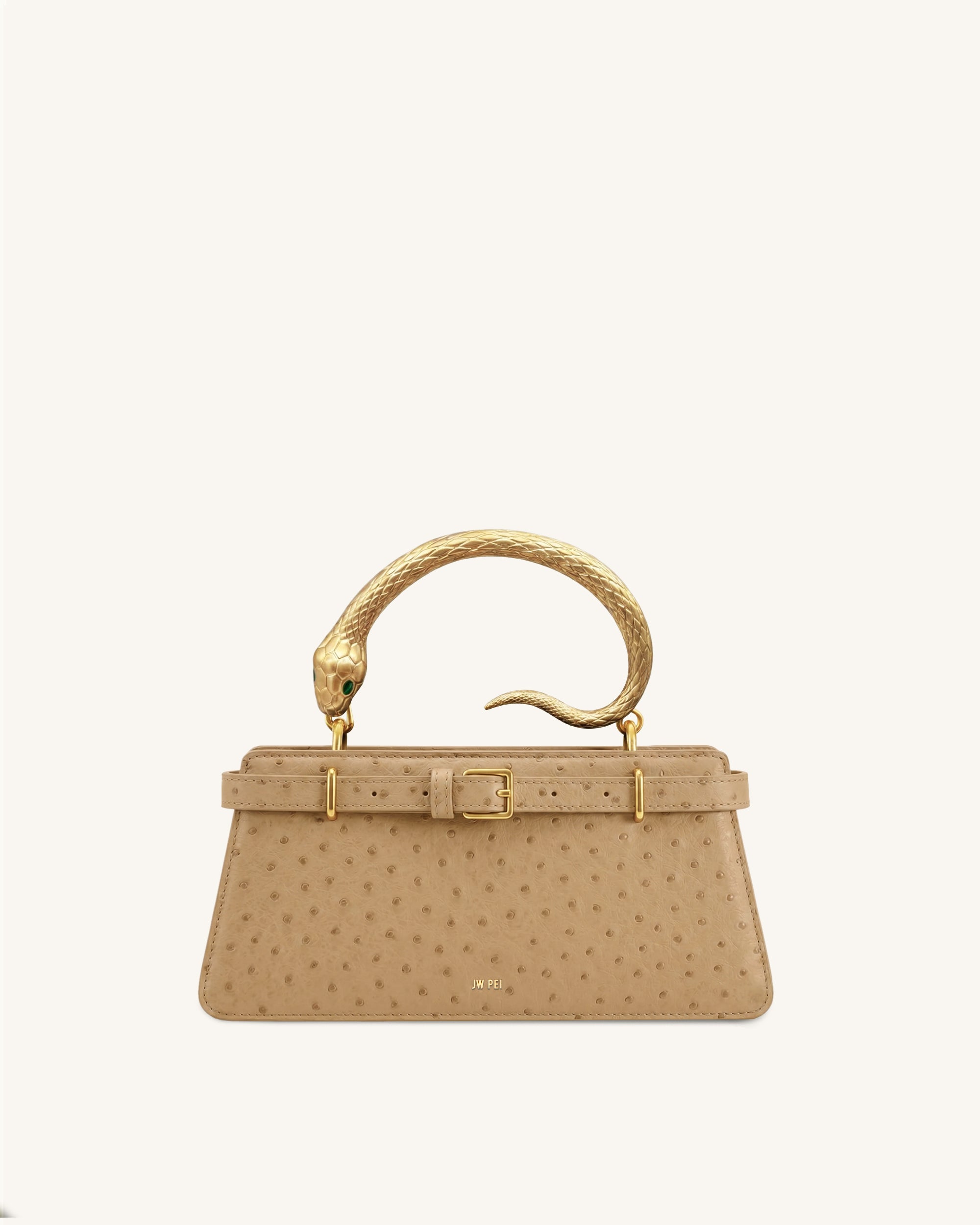 Elena Snake Handle Faux Ostrich Top Handle Bag - Camel