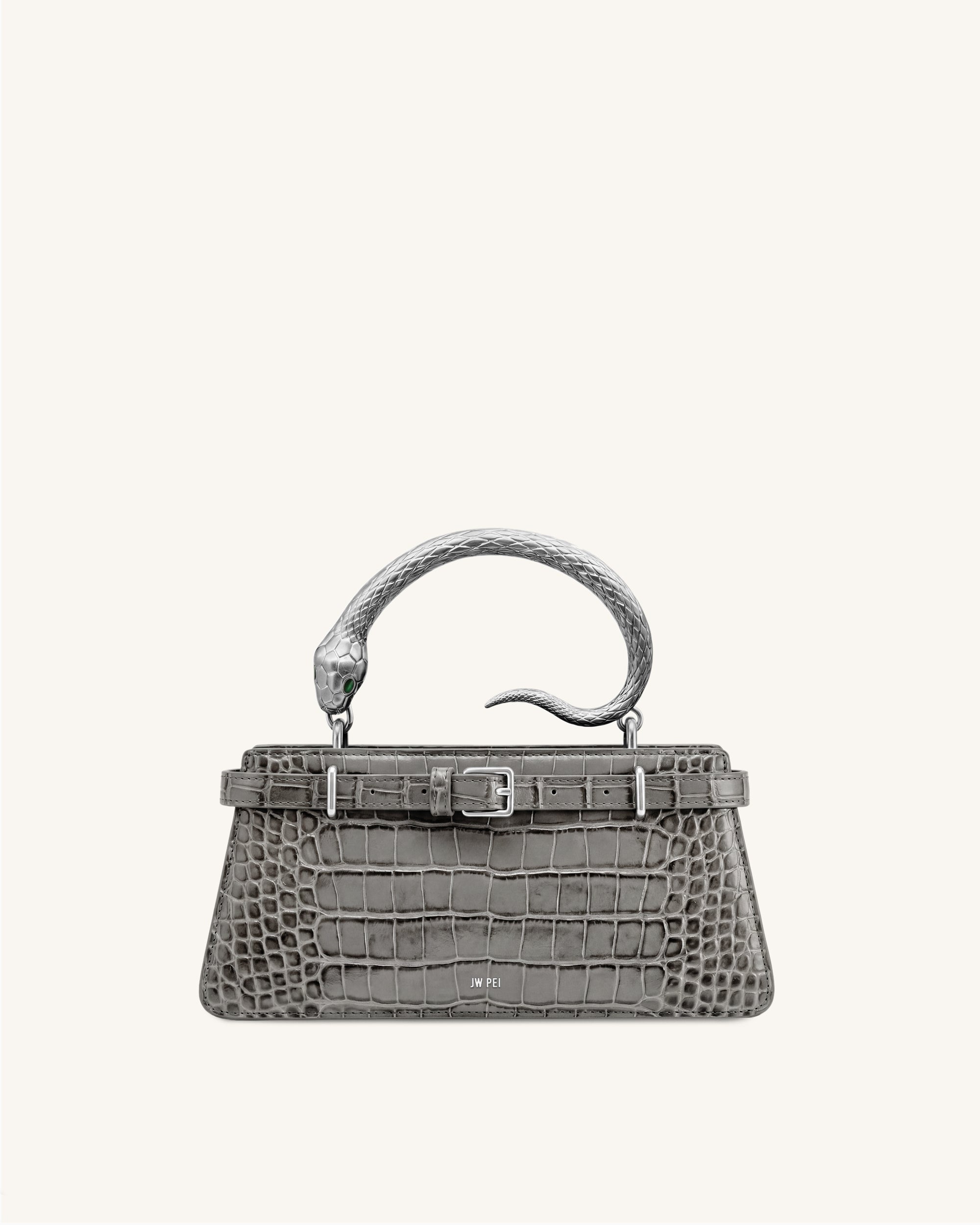Elena Snake Handle Top Handle Bag - Gray Croc