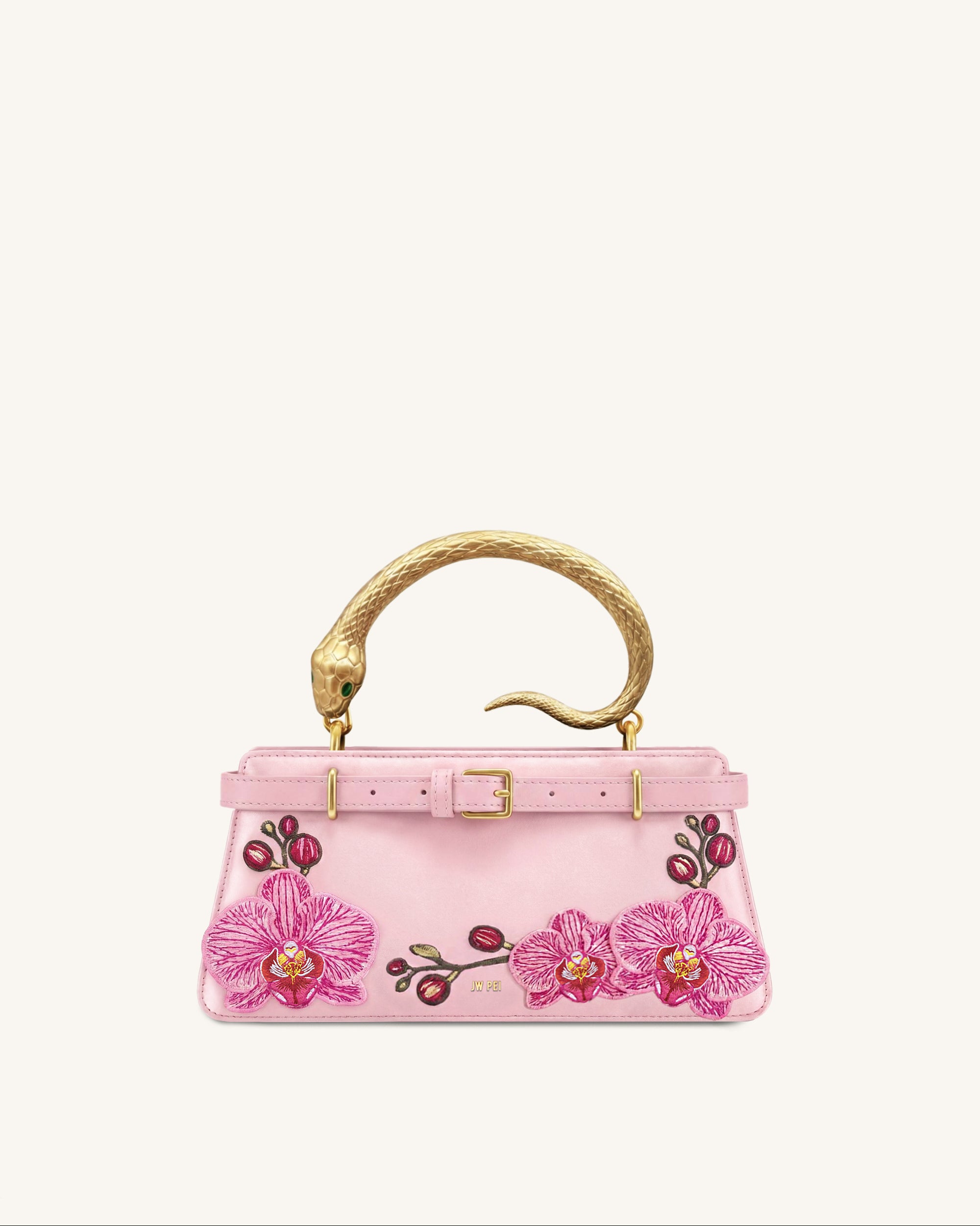 Elena Snake Handle Orchid Embroidered Top Handle Bag - Pink