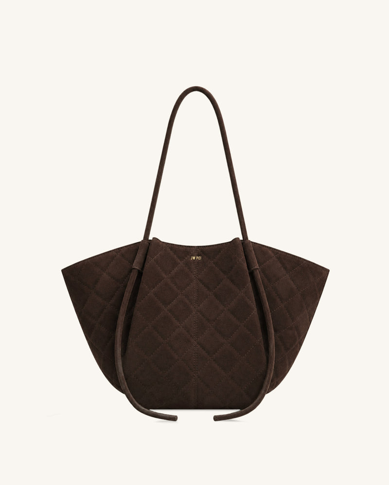 Nala Faux Suede Quilted Tote Bag - Dark Chocolate Brown