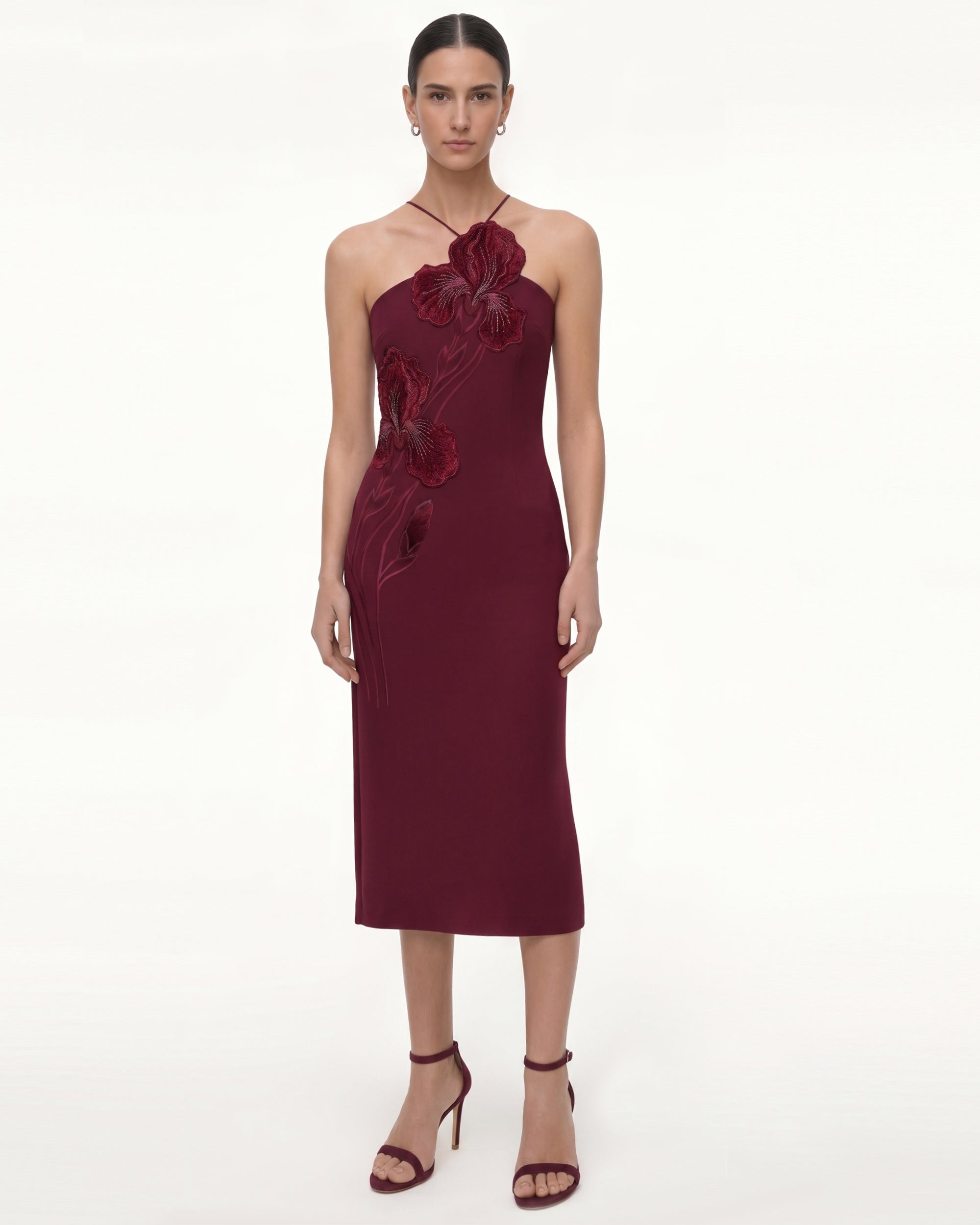 Floral Appliqué Halter Dress - Burgundy