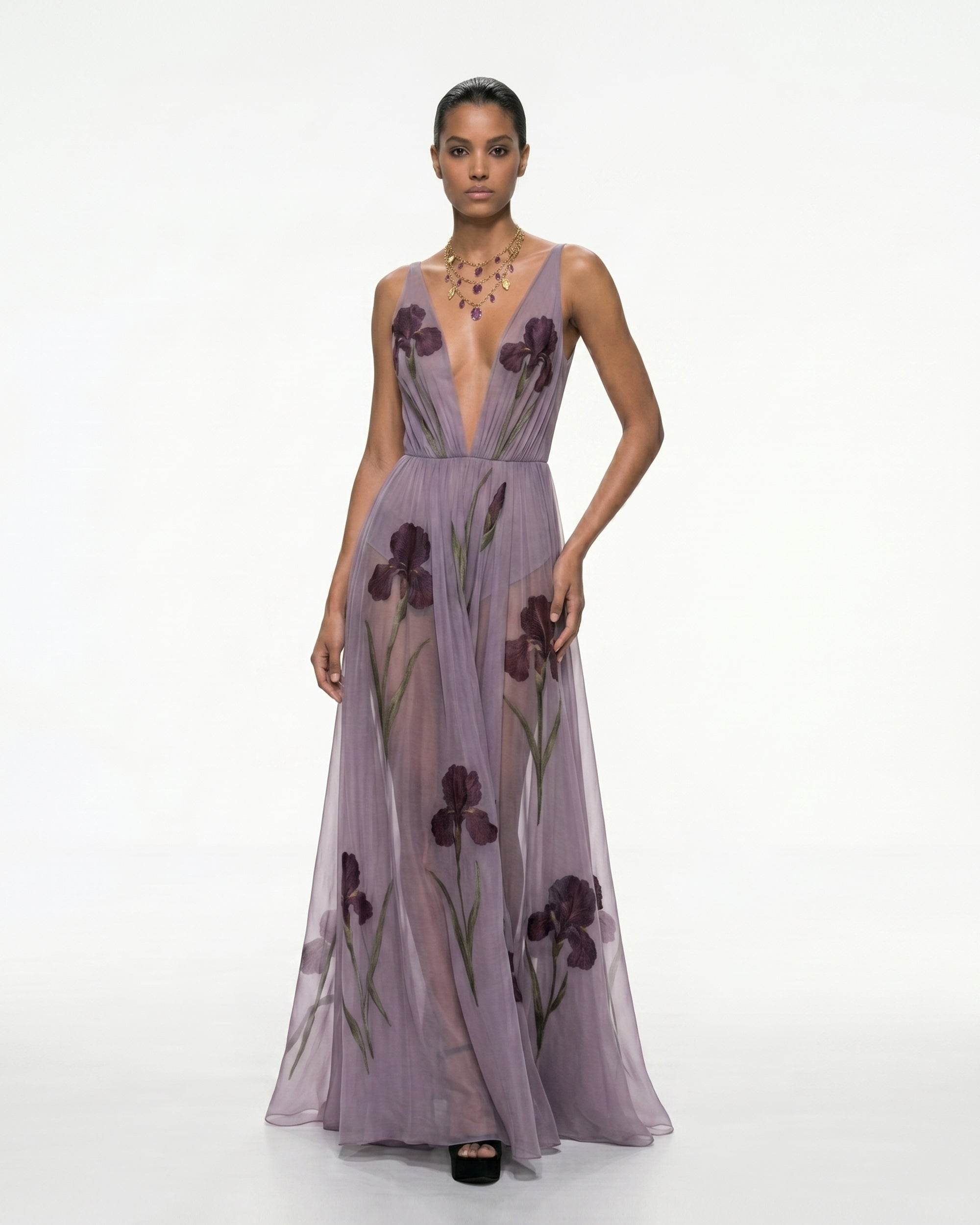 Sheer Floral Print Maxi Dress - Misty Lavender