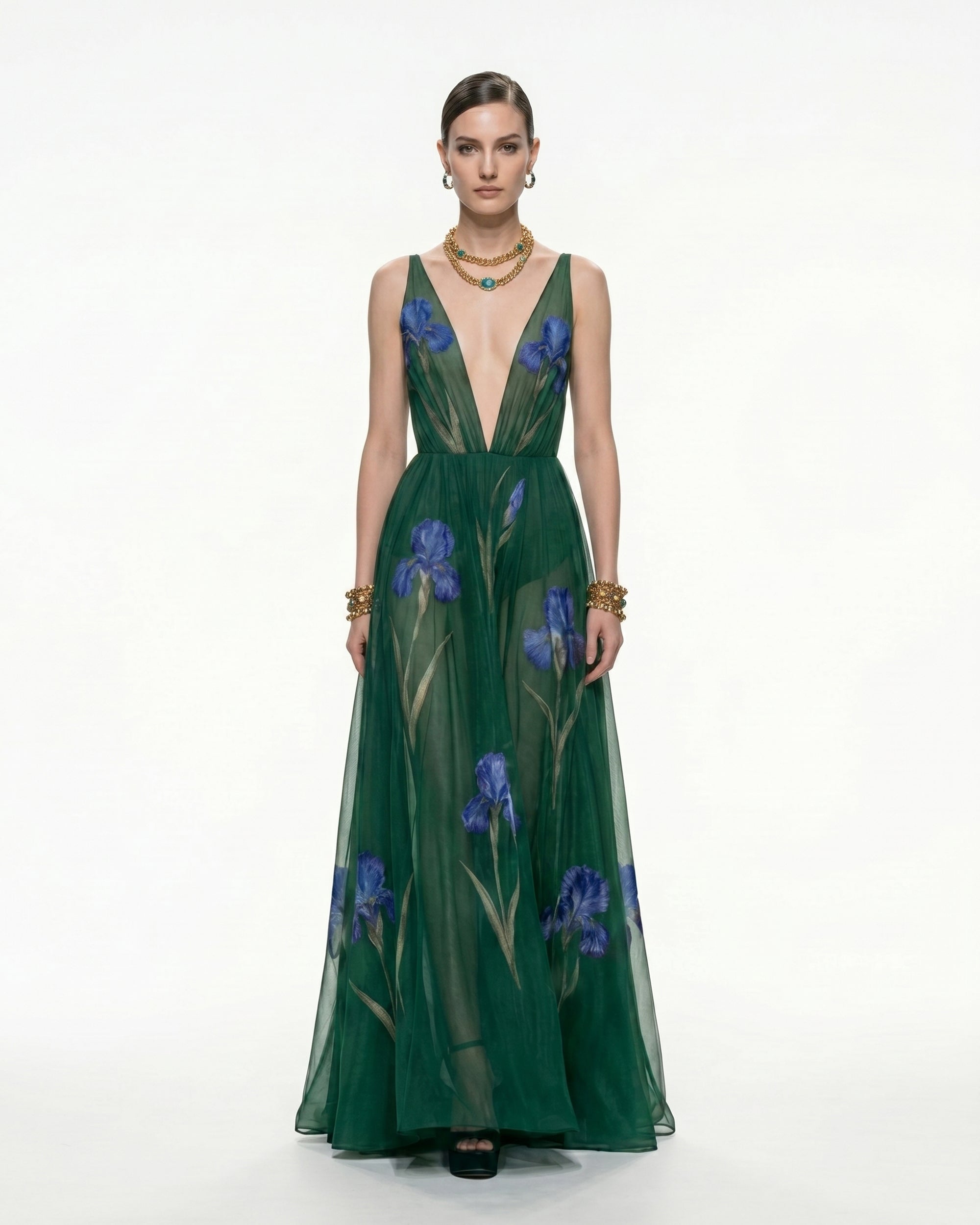 Sheer Floral Print Maxi Dress - Emerald Green