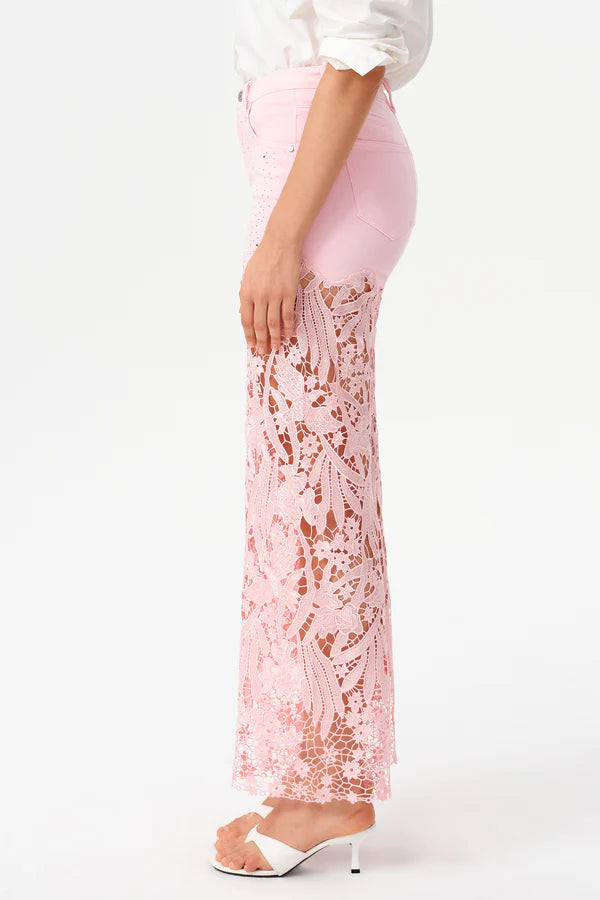 High-Rise Rhinestone Lace Wide-Leg Jeans - Pink