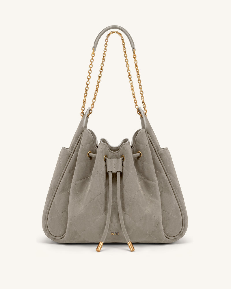 Rowan Faux Suede Quilted Chain Bucket Bag - Gray