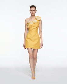 Floral Appliqué One Shoulder Mini Dress - Yellow