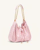 Rowan Ruched Drawstring Chain Bucket Bag - Pink Croc
