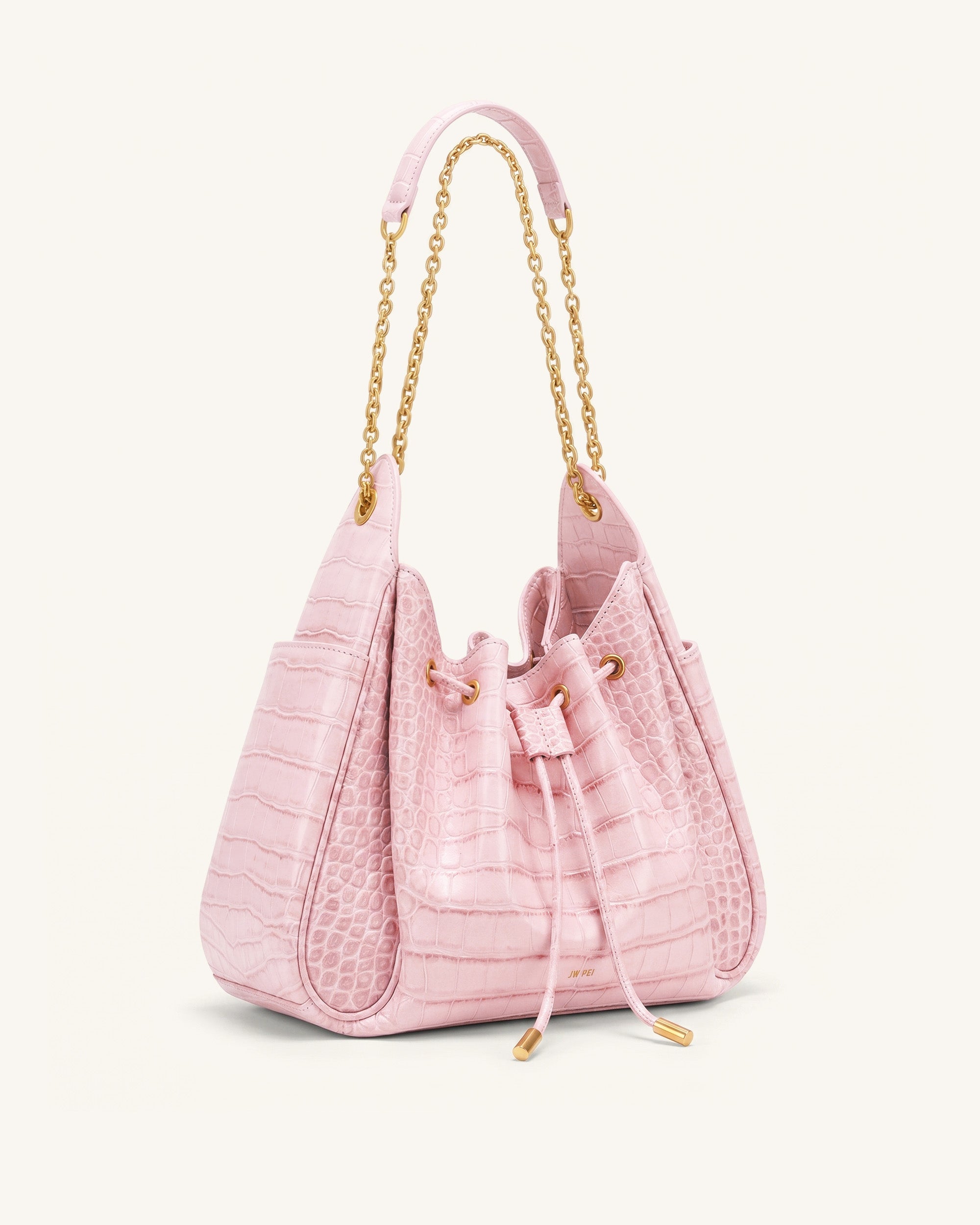 Rowan Ruched Drawstring Chain Bucket Bag - Pink Croc