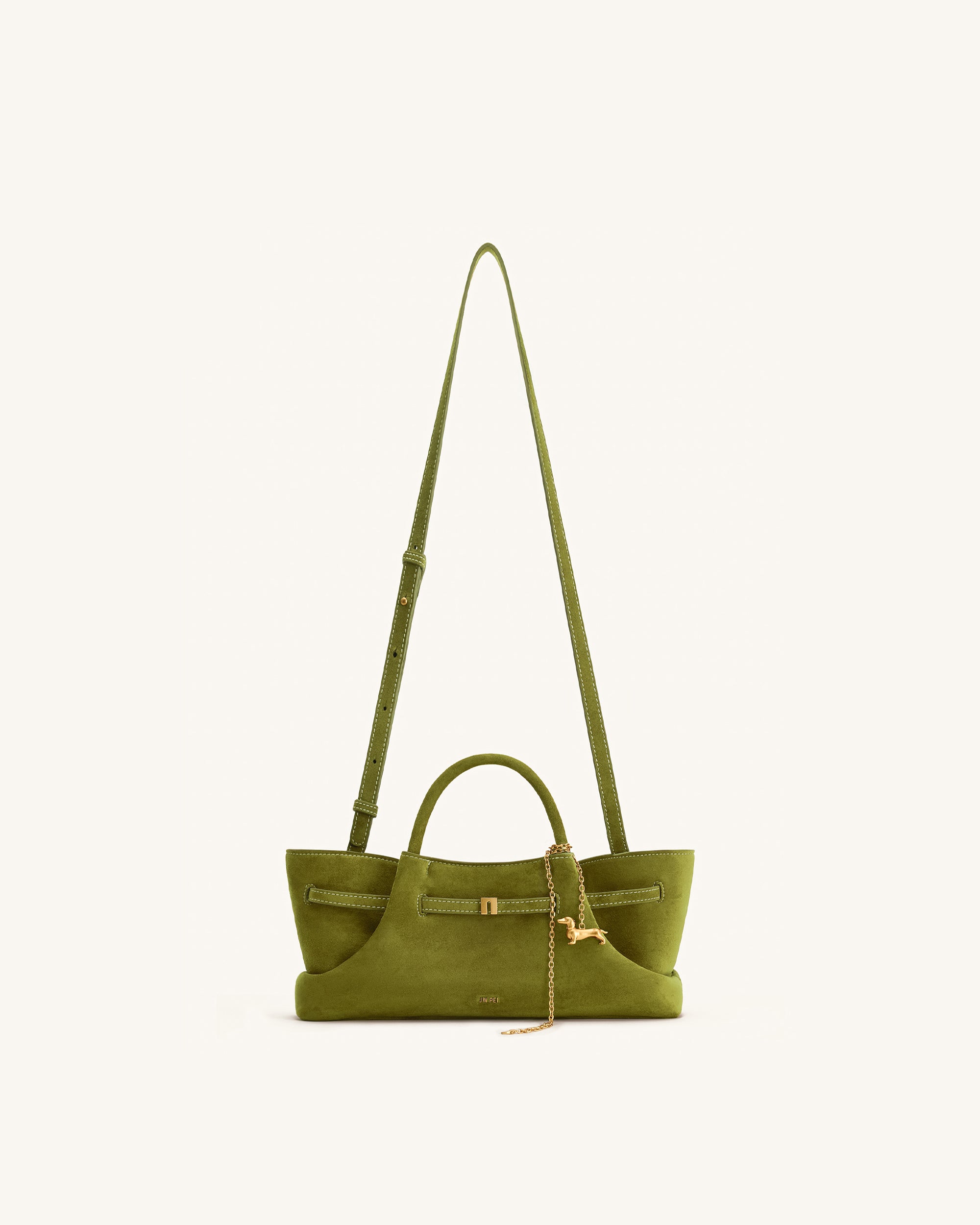 Maeve Dachshund Metal Charm Faux Suede Tote Bag - Olive Green