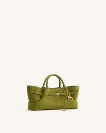Maeve Dachshund Metal Charm Faux Suede Tote Bag - Olive Green