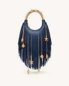 Chloe Metal Handle Fringe Top Handbag - Navy Blue