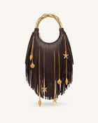 Chloe Metal Handle Fringe Top Handbag - Dark Brown