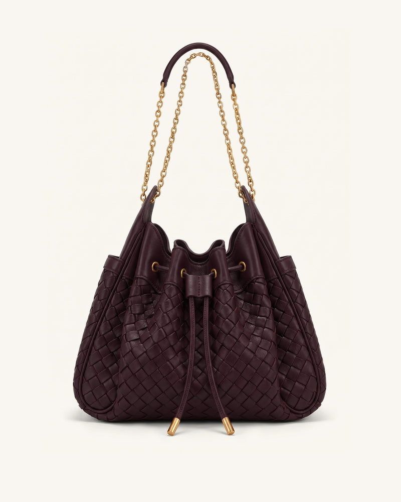 Rowan Weaving Ruched Drawstring Chain Bucket Bag - Dark Cherry