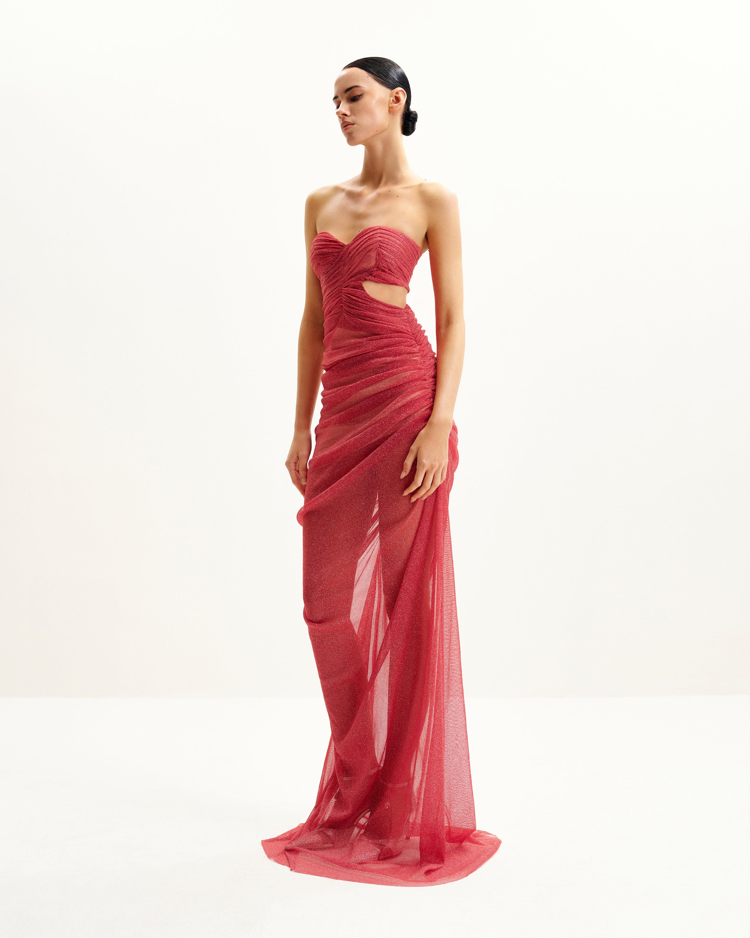 Mia Strapless Sheer Glitter Gown - Scarlet