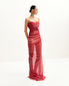 Mia Strapless Sheer Glitter Gown - Scarlet