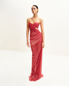 Mia Strapless Sheer Glitter Gown - Scarlet