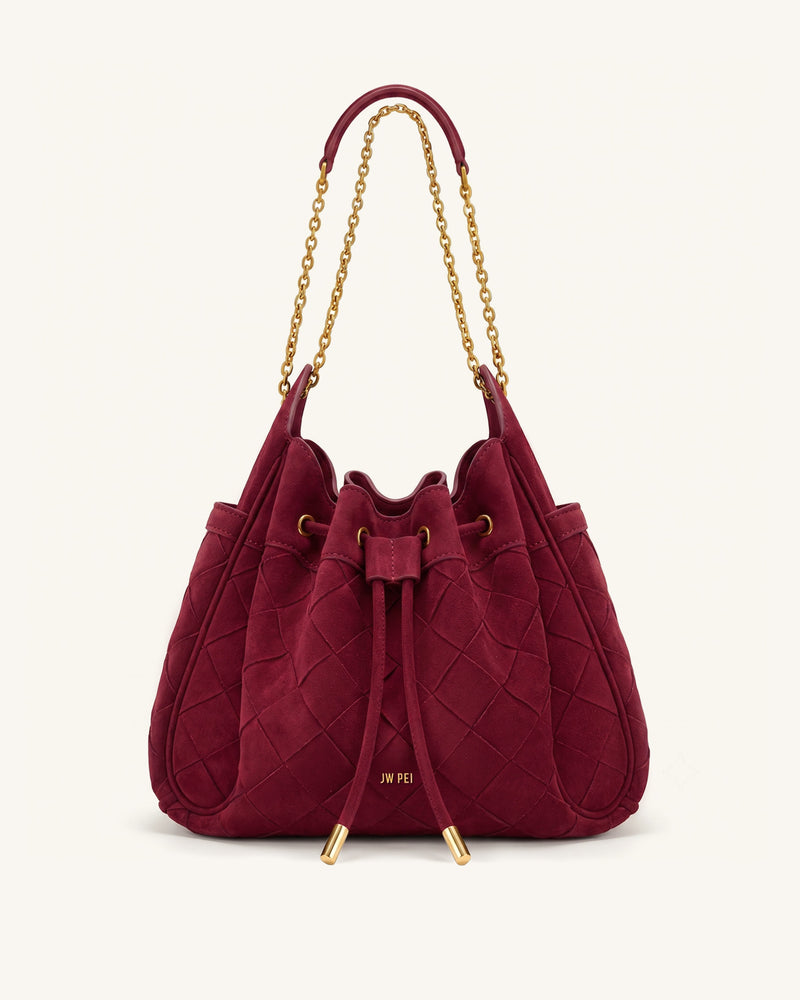 Rowan Faux Suede Weaving Ruched Drawstring Chain Bucket Bag - Dark Cherry