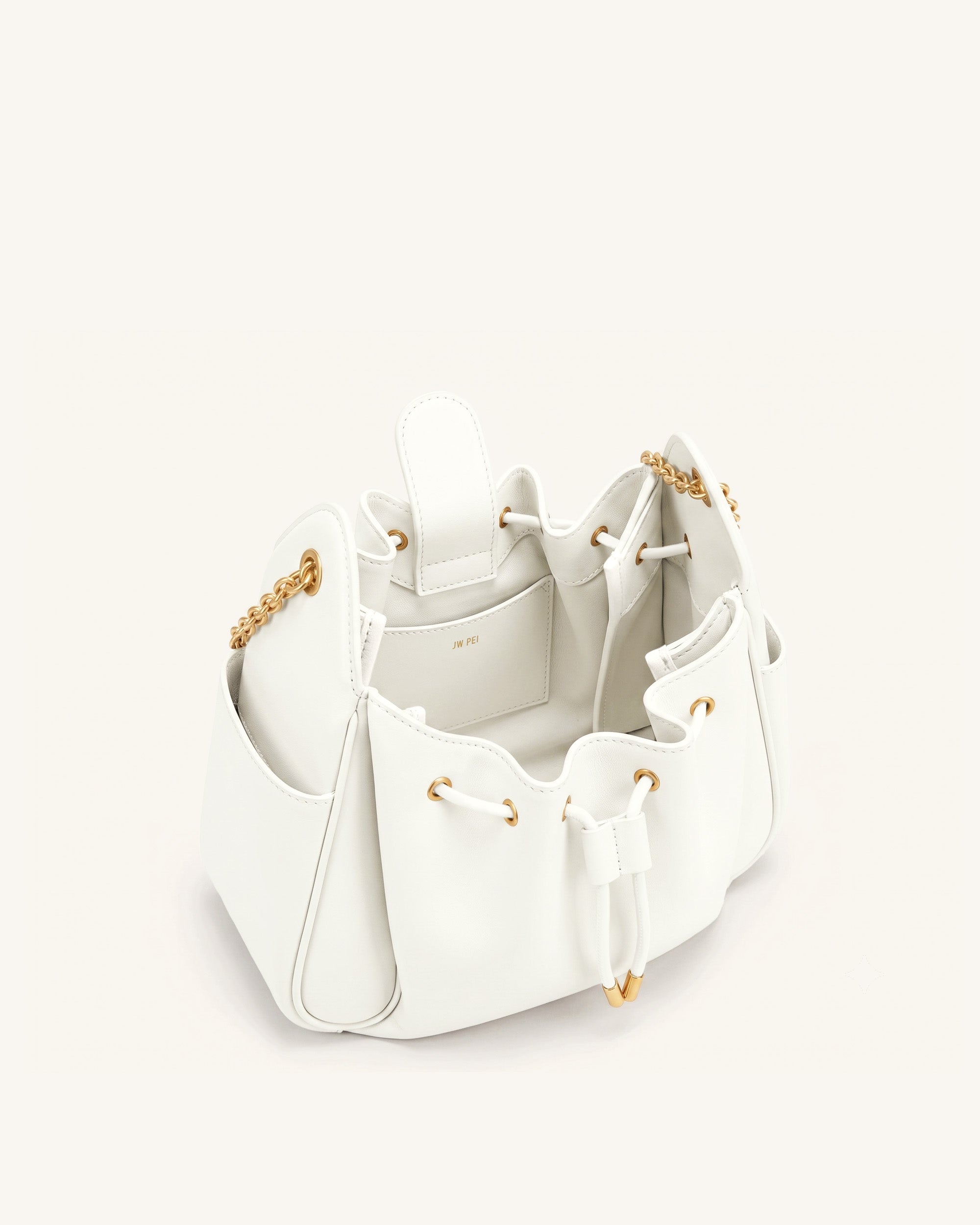 Rowan Ruched Drawstring Chain Bucket Bag - Ivory
